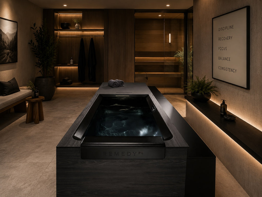 Kohler x Remedy Place Ice Bath in a luxury home wellness room with sauna, ambient lighting, and recovery-focused design