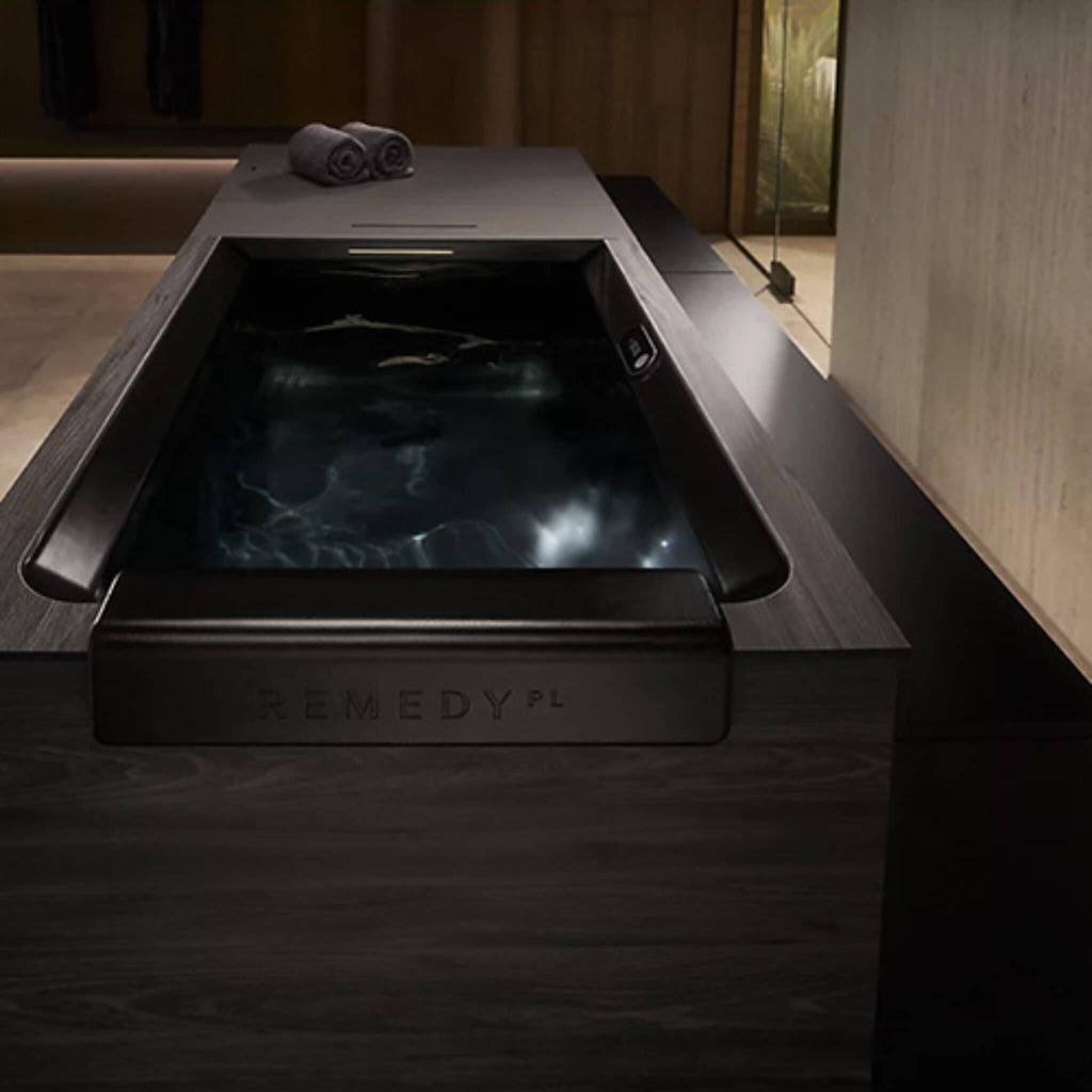 ohler x Remedy Place Ice Bath filled and ready for use in a luxury home wellness room