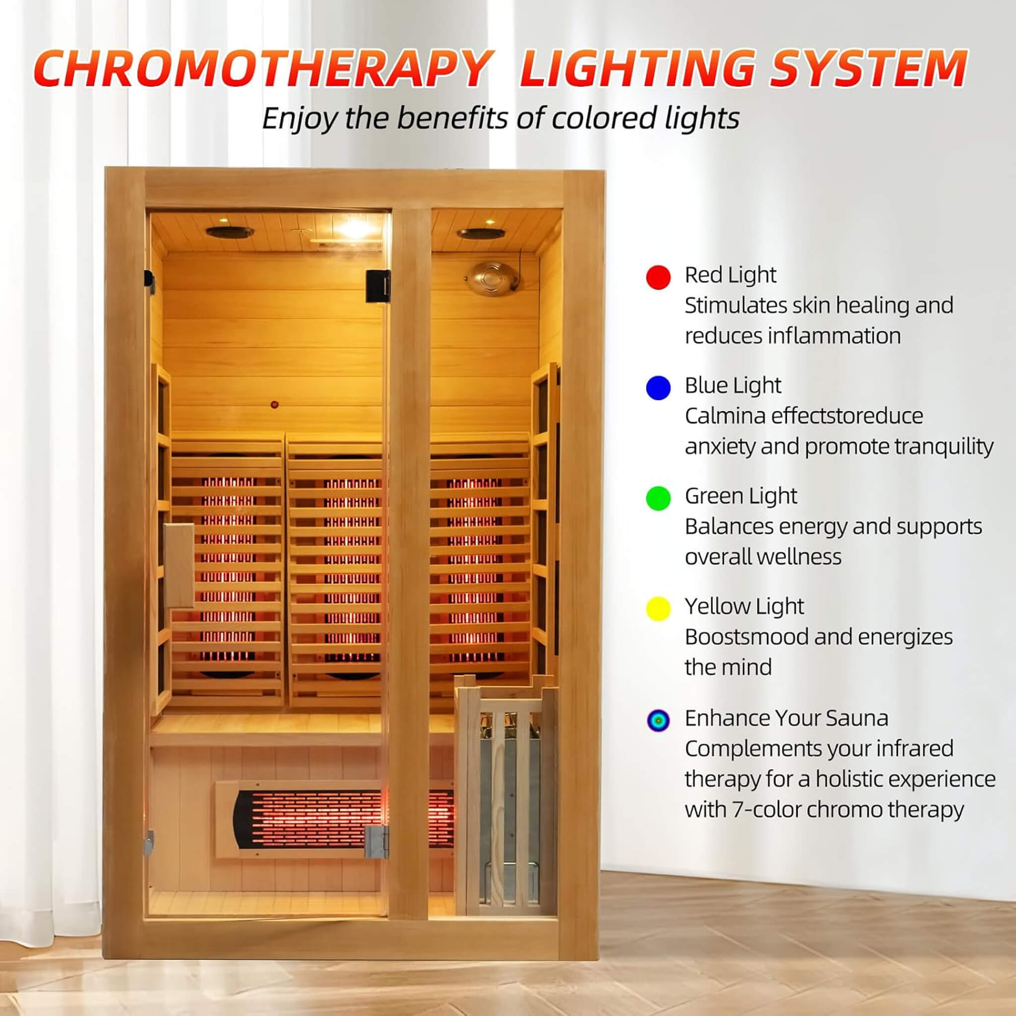 Rövia Luma sauna interior in Canadian Hemlock with chromotherapy lighting