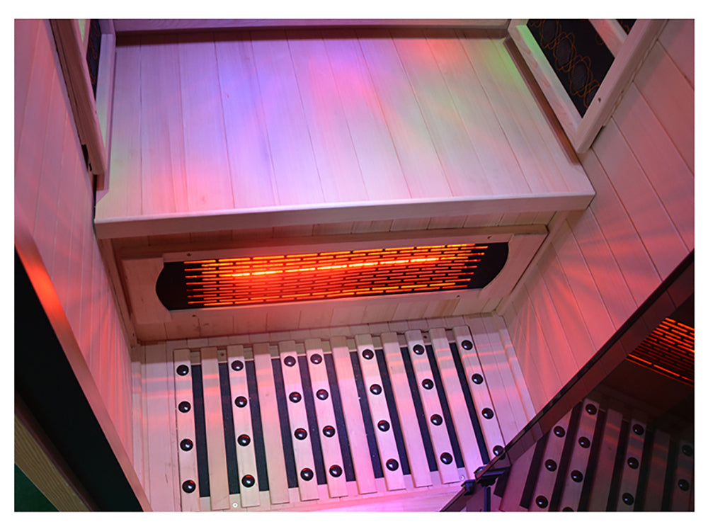 Close-up of infrared heating panels inside the Lumin One sauna with red therapeutic heat technology.
