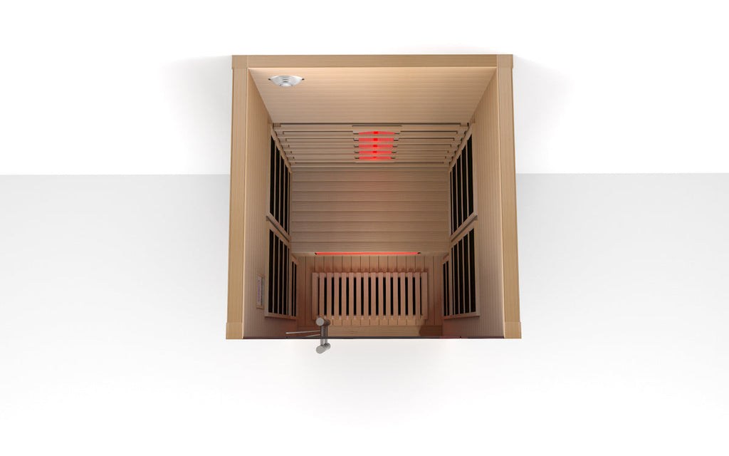 Interior ceiling detail of the Lumin One infrared sauna showing integrated lighting and premium wood craftsmanship.