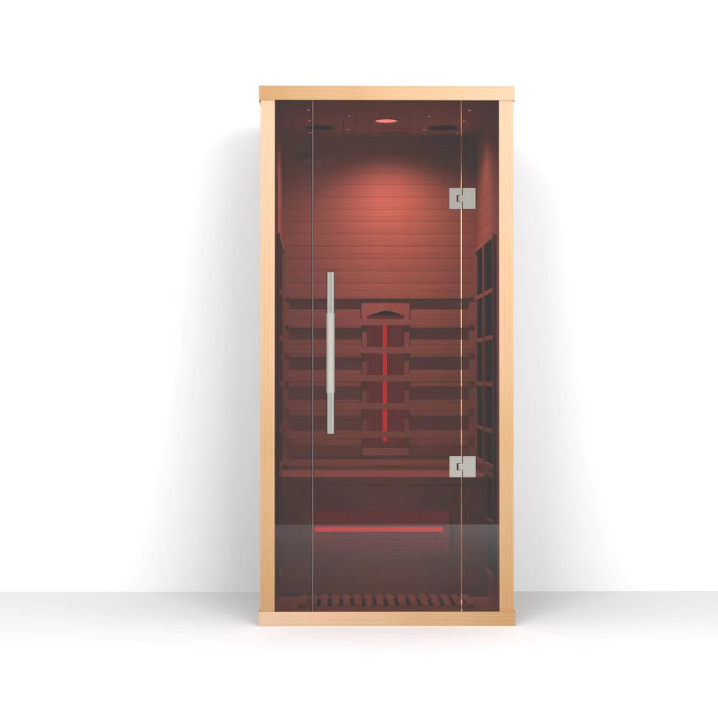 Lumin One compact infrared sauna with glass front door, Canadian hemlock wood frame, and red light interior on a clean white background.