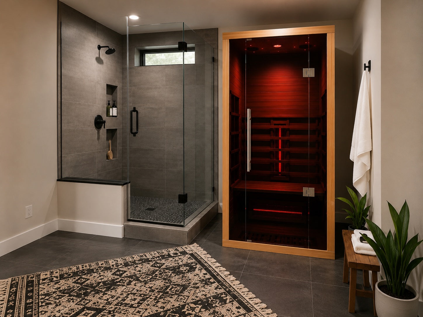 Lumin One infrared sauna beside a modern glass walk-in shower with dark tile flooring, warm ambient lighting, and luxury spa-inspired bathroom design.