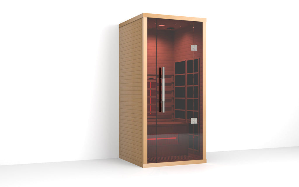 Rear view of the Lumin One indoor infrared sauna with clean modern wood paneling and compact home wellness design.