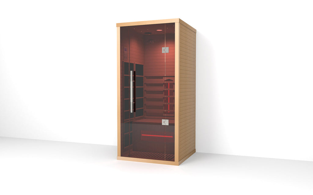 Side profile of the Lumin One infrared sauna featuring minimalist Canadian hemlock construction and compact indoor design.