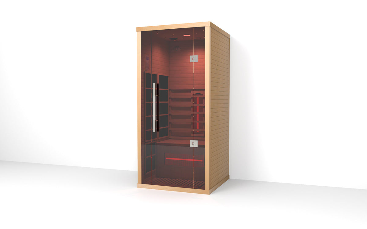Side profile of the Lumin One infrared sauna featuring minimalist Canadian hemlock construction and compact indoor design.