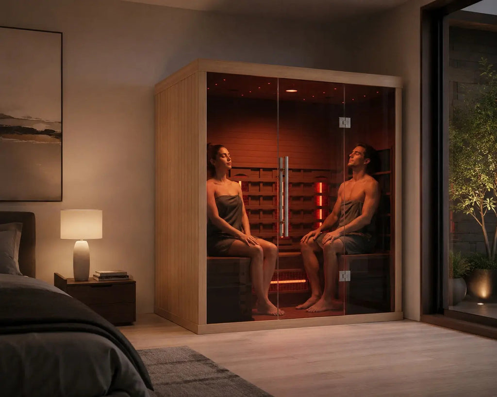 Luxury Lumin Three infrared sauna in a modern bedroom wellness retreat with warm red light therapy glow and relaxing spa-inspired interior design.