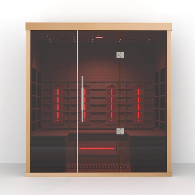 Front view of the Lumin Three infrared sauna with glass door, Canadian hemlock wood frame, and illuminated infrared interior.