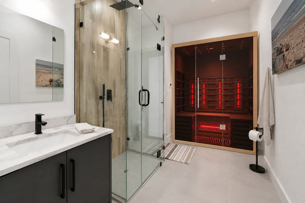 Lumin Three infrared sauna in a master bathroom wellness space with warm interior lighting.