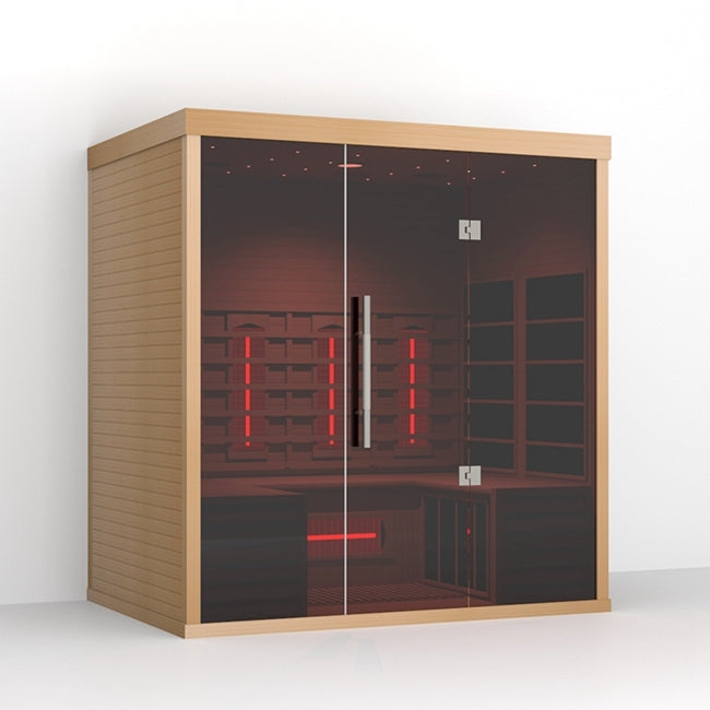 Rear exterior view of the Lumin Three indoor infrared sauna with modern wood paneling and clean architectural lines.