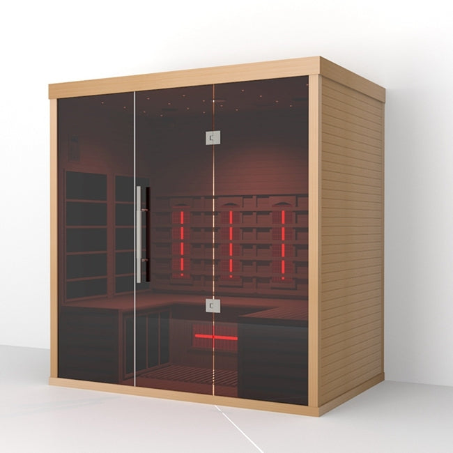 Side profile of the Lumin Three infrared sauna featuring minimalist Canadian hemlock construction and spacious indoor wellness design.