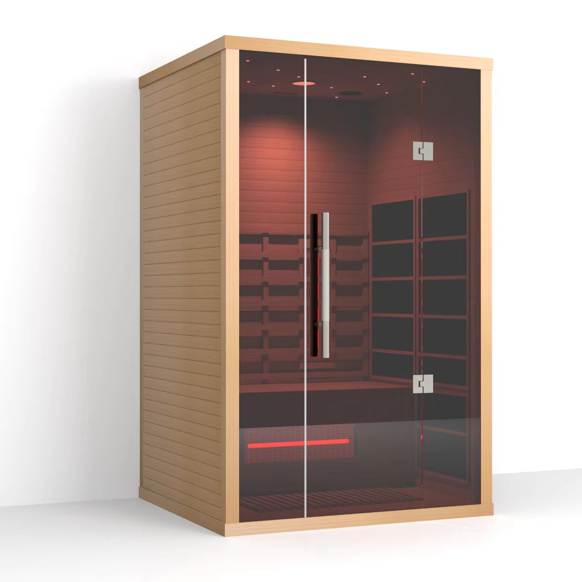 Infrared sauna with wooden exterior and glass door on a white background