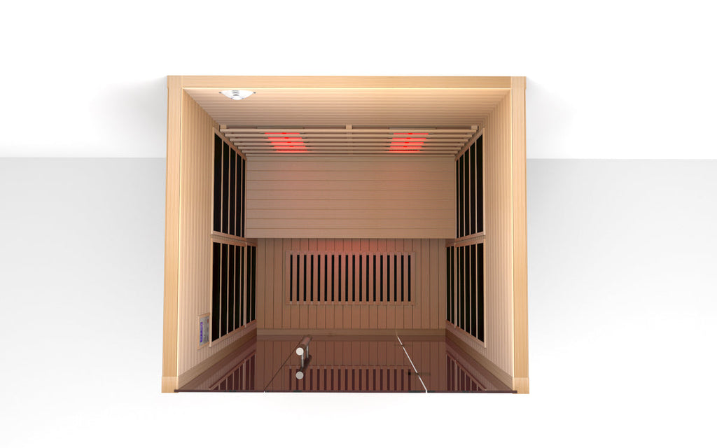 Wooden sauna with heat lamps on a white background