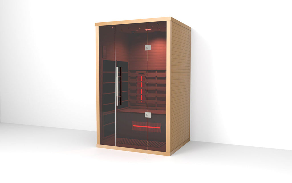 Infrared sauna with wooden exterior and glass doors on a white background