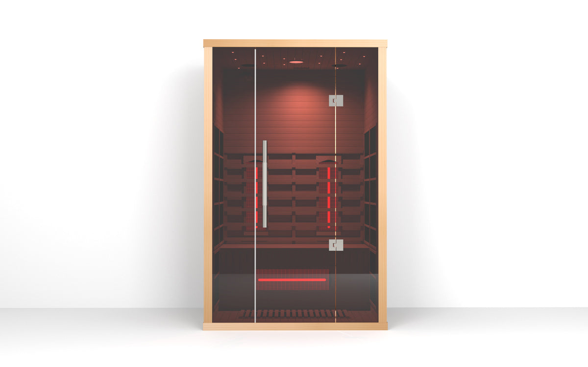 Infrared sauna with wooden frame and glass door on a white background