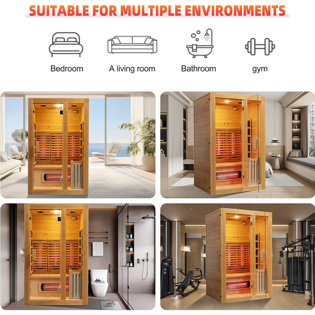 Rövia Luma indoor sauna shown in several home settings
