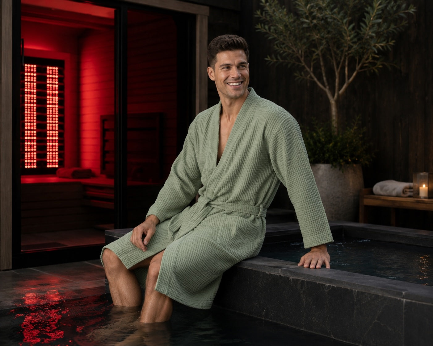 Man wearing a green Turkish cotton waffle robe sitting by a cold plunge with a red light therapy sauna in the background.
