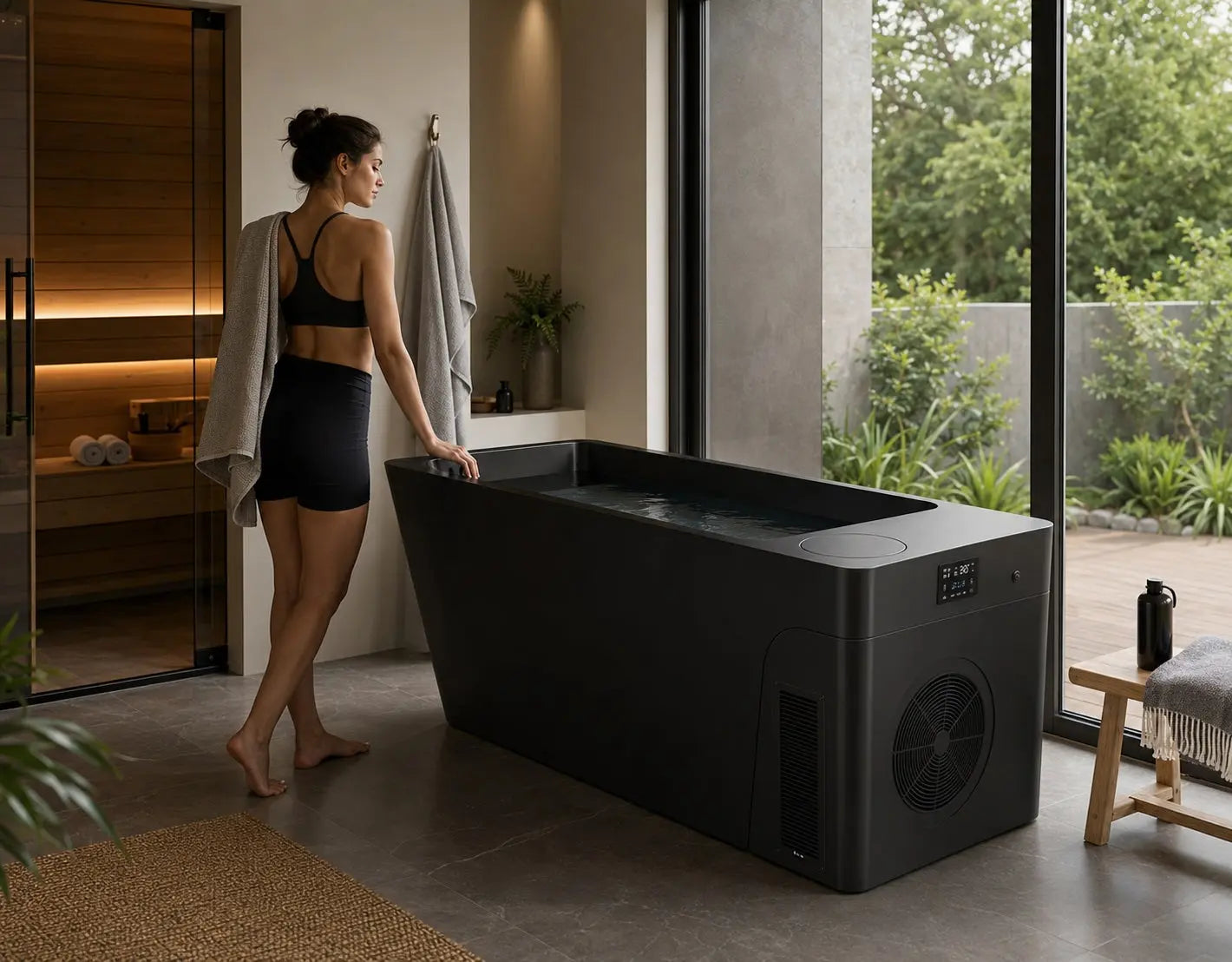 Woman beside the matte black Orivon Frost cold plunge tub in a spa-style bathroom with a sauna nearby.