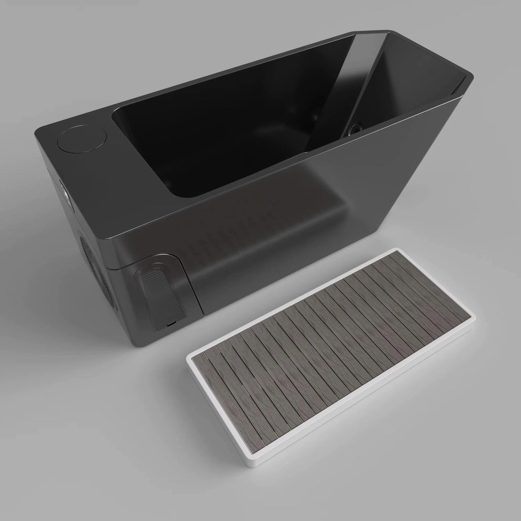 Overhead view of the black Orivon Frost cold plunge tub with its wood-slat cover set alongside.