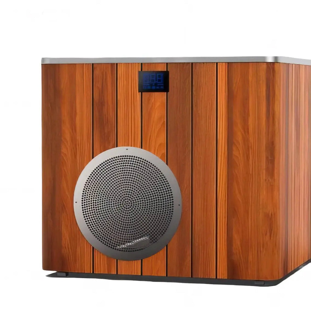 Close-up of the chiller fan grille and temperature display on the cedar-panelled Orivon Frost cold plunge tub.