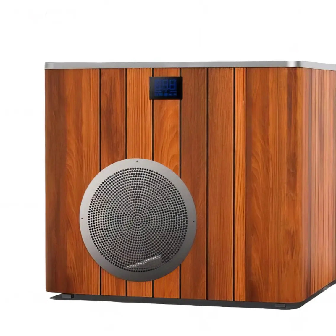 Close-up of the chiller fan grille and temperature display on the cedar-panelled Orivon Frost cold plunge tub.