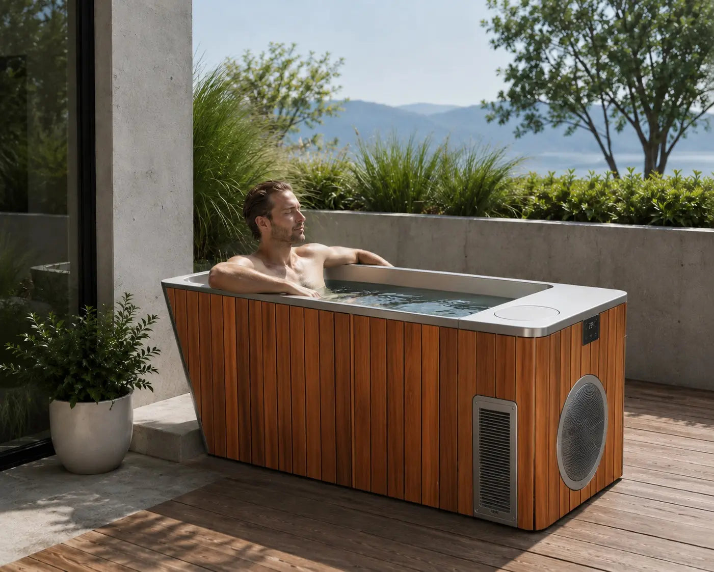 Man relaxing in the cedar-panelled Orivon Frost cold plunge tub on a deck overlooking the mountains.