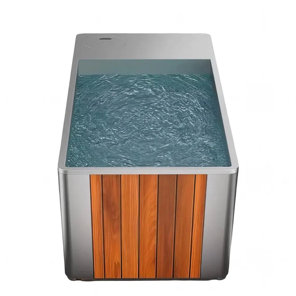 Top view of the cedar-panelled Orivon Frost cold plunge tub filled with clear, chilled water.