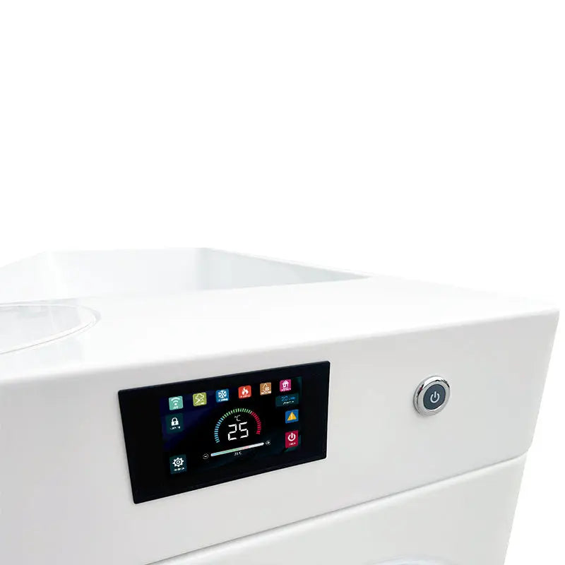 Digital temperature control panel and power button on the Orivon Frost cold plunge chiller unit.