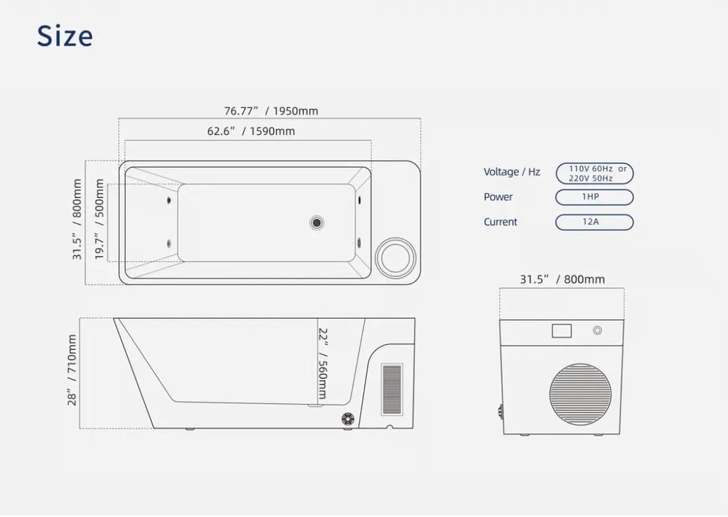 Dimensions diagram for the Orivon Frost cold plunge tub with voltage, power, and current specifications.