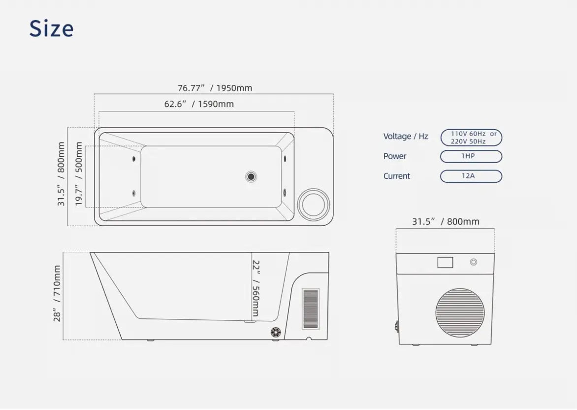 Dimensions diagram for the Orivon Frost cold plunge tub with voltage, power, and current specifications.