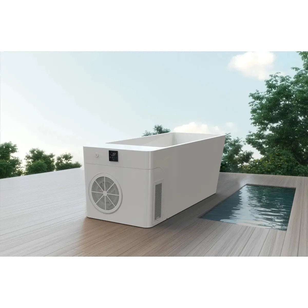 Chiller end of the white Orivon Frost cold plunge tub with cooling fan, set on a poolside deck.