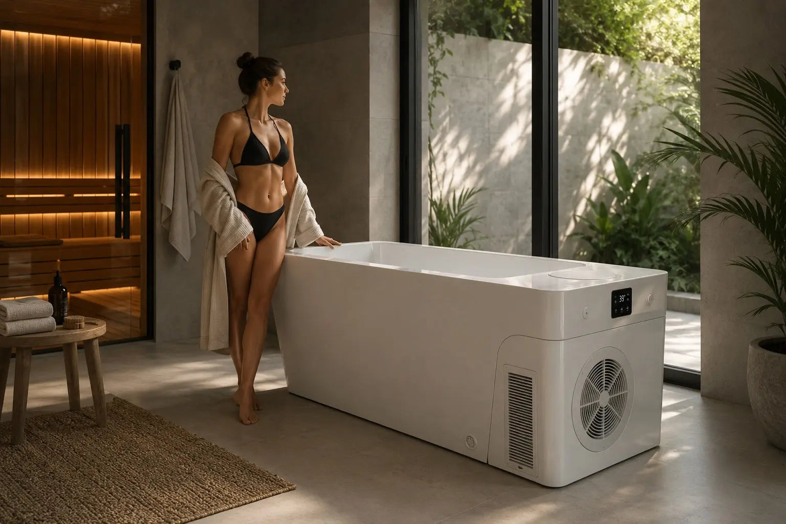 Woman pausing beside the white Orivon Frost cold plunge tub between sauna rounds in a modern wellness room.