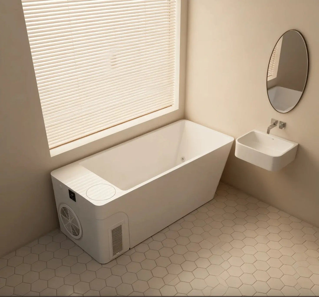 Overhead view of the white Orivon Frost cold plunge tub with chiller fan in a soft neutral bathroom.