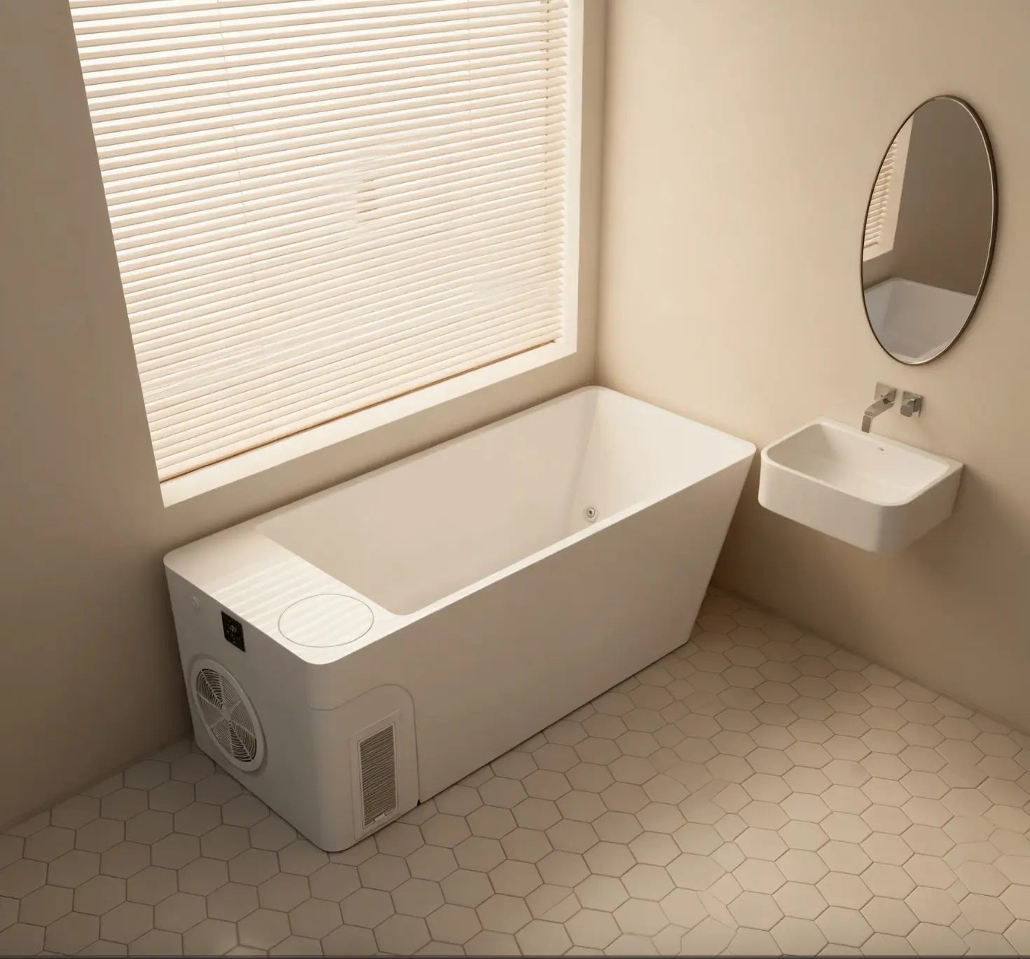 Overhead view of the white Orivon Frost cold plunge tub with chiller fan in a soft neutral bathroom.