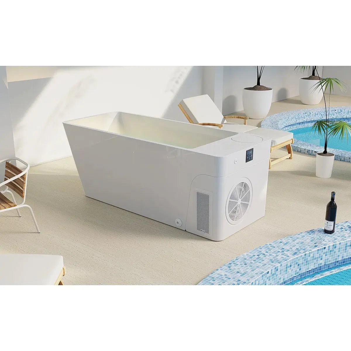 The white Orivon Frost cold plunge tub set poolside on a sunlit patio with loungers and palms.