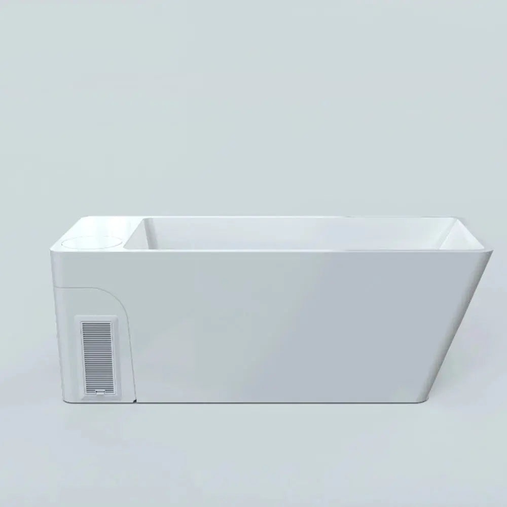 Side profile of the white Orivon Frost cold plunge tub showing the integrated chiller vent.