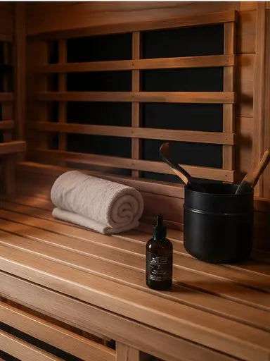 Rolled towel, oil, and accessories arranged on the hemlock bench of the Orivon Lumin Two infrared sauna.