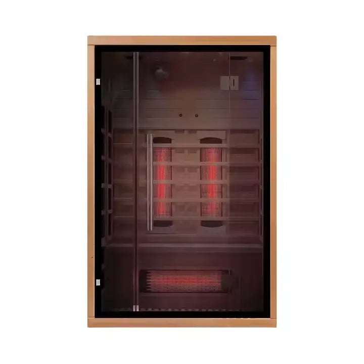 Front view of the Orivon Lumin Two two-person infrared sauna with carbon heaters glowing behind the glass door.