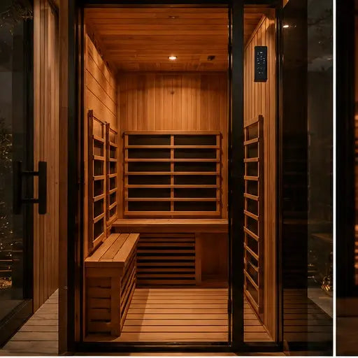 Warm-lit interior of the Orivon Lumin Two infrared sauna with hemlock bench and carbon heating panels.