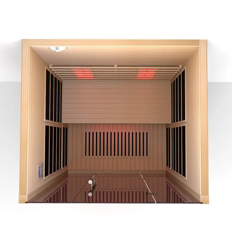 Cutaway view inside the Orivon Lumin Two infrared sauna showing overhead heaters and hemlock paneling.