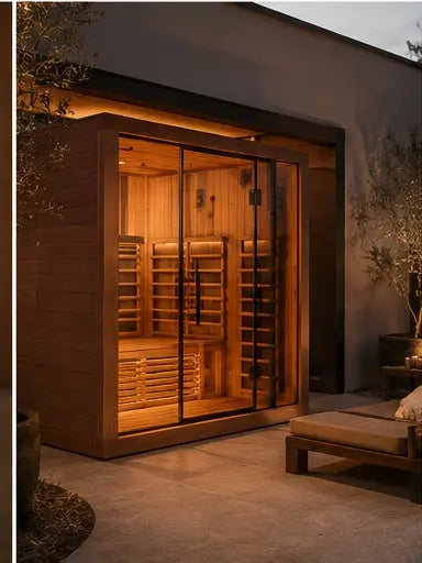 The Orivon Lumin Two infrared sauna lit warmly at dusk on an outdoor patio beside a lounge chair.