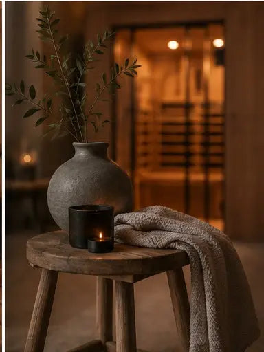 Candle, vase, and soft throw styled on a wooden stool with the Orivon Lumin Two infrared sauna glowing behind.