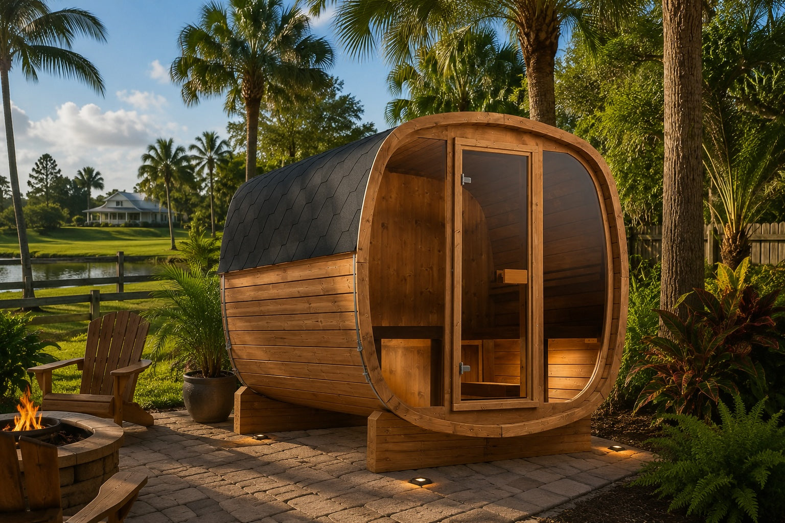 Luxury outdoor barrel sauna installed in a Florida backyard with tropical landscaping and wellness retreat design.