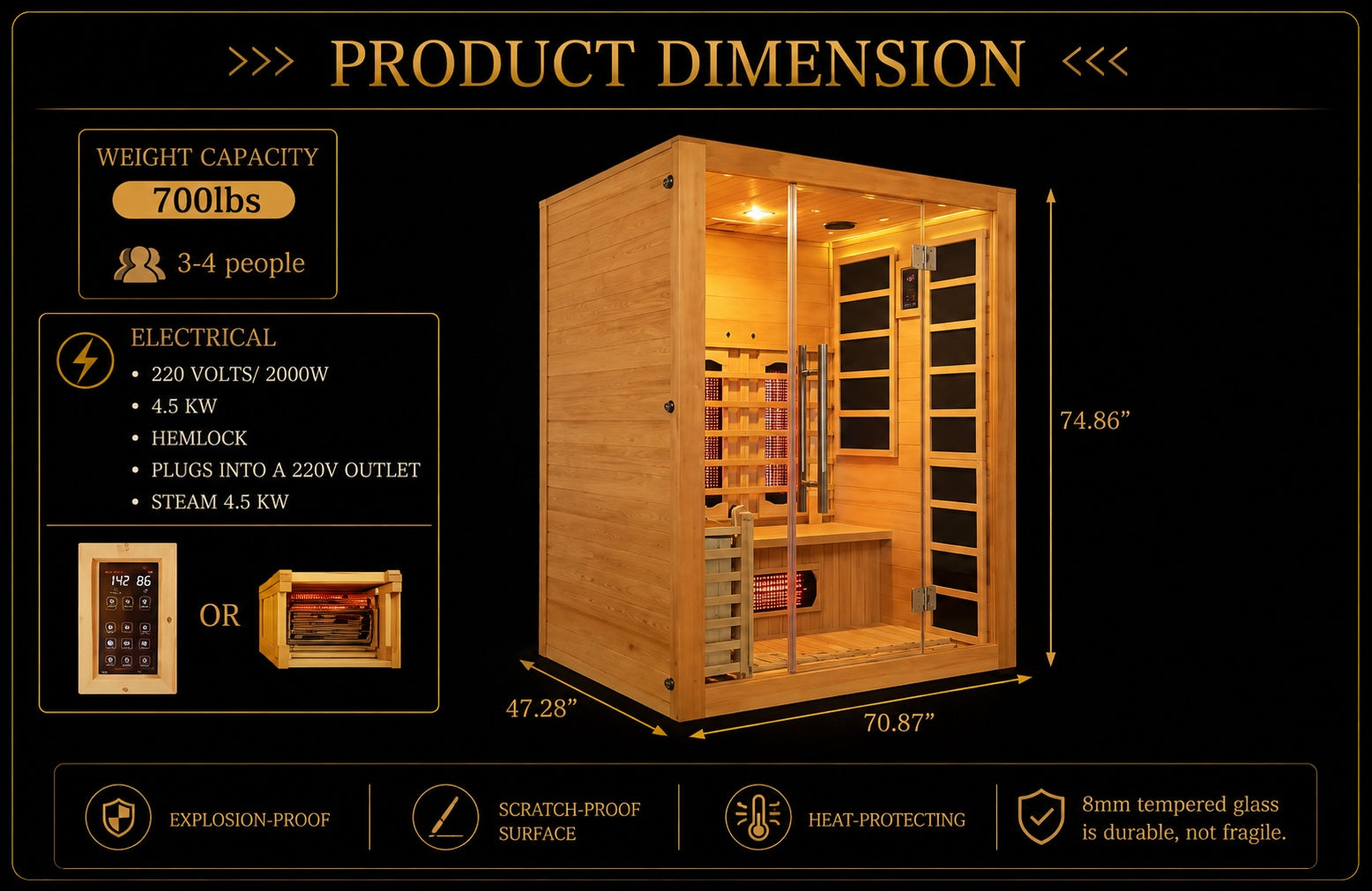 Rövia Aurora 3-person sauna dimensions diagram