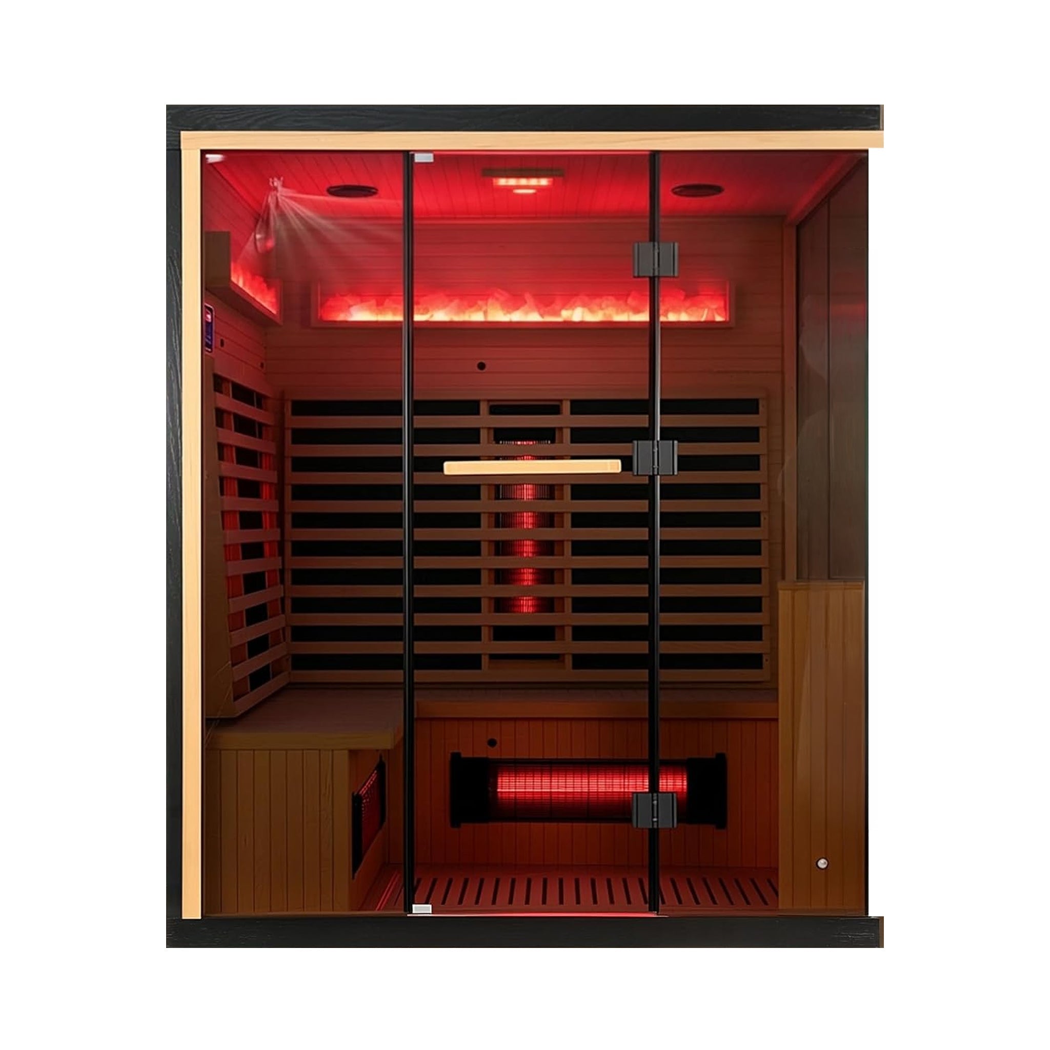 Rövia Ember 4-person full-spectrum infrared sauna with Himalayan salt panels and glass front