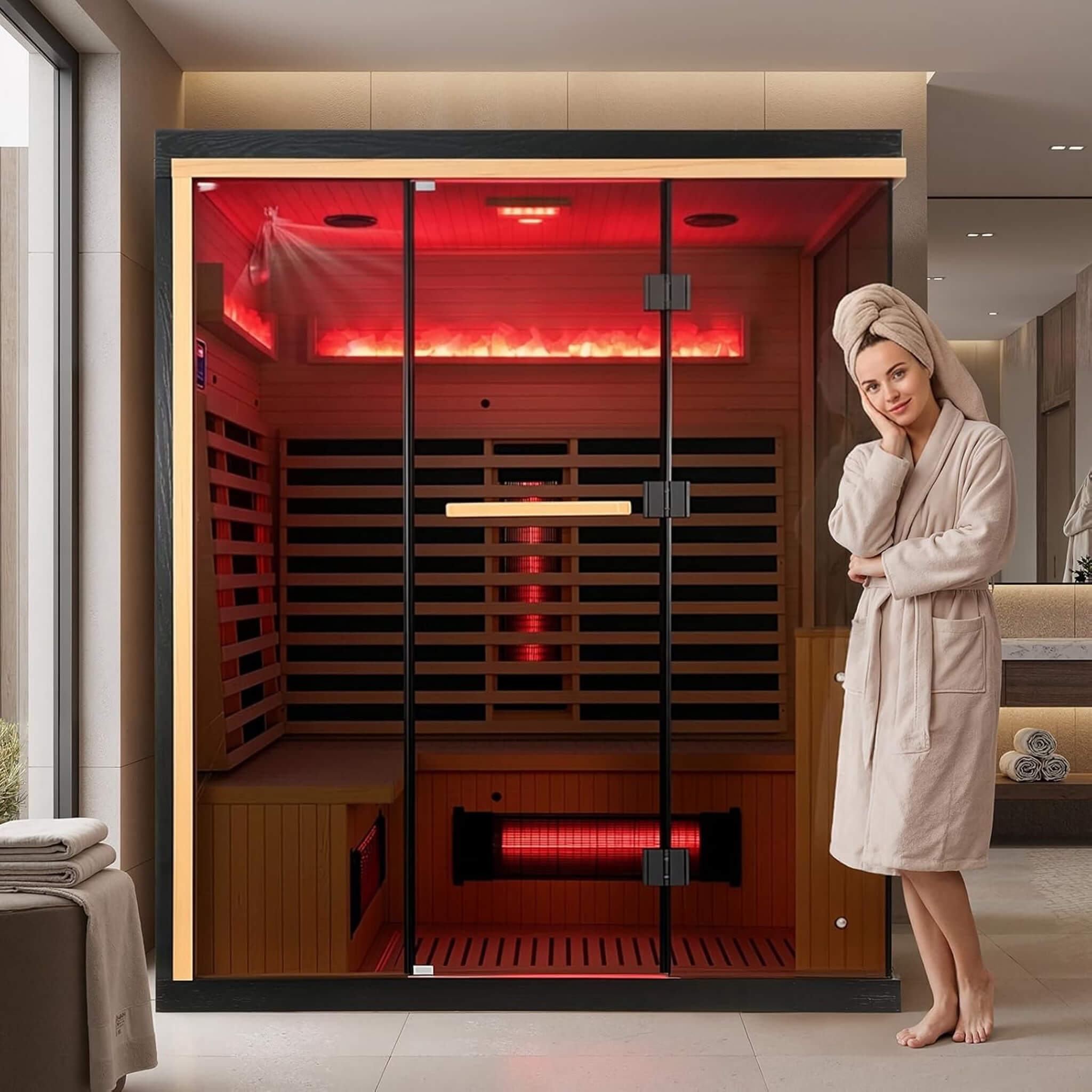 Woman in a robe standing beside the Rövia Ember 4-person infrared sauna featuring Himalayan salt panels and full-view tempered glass.