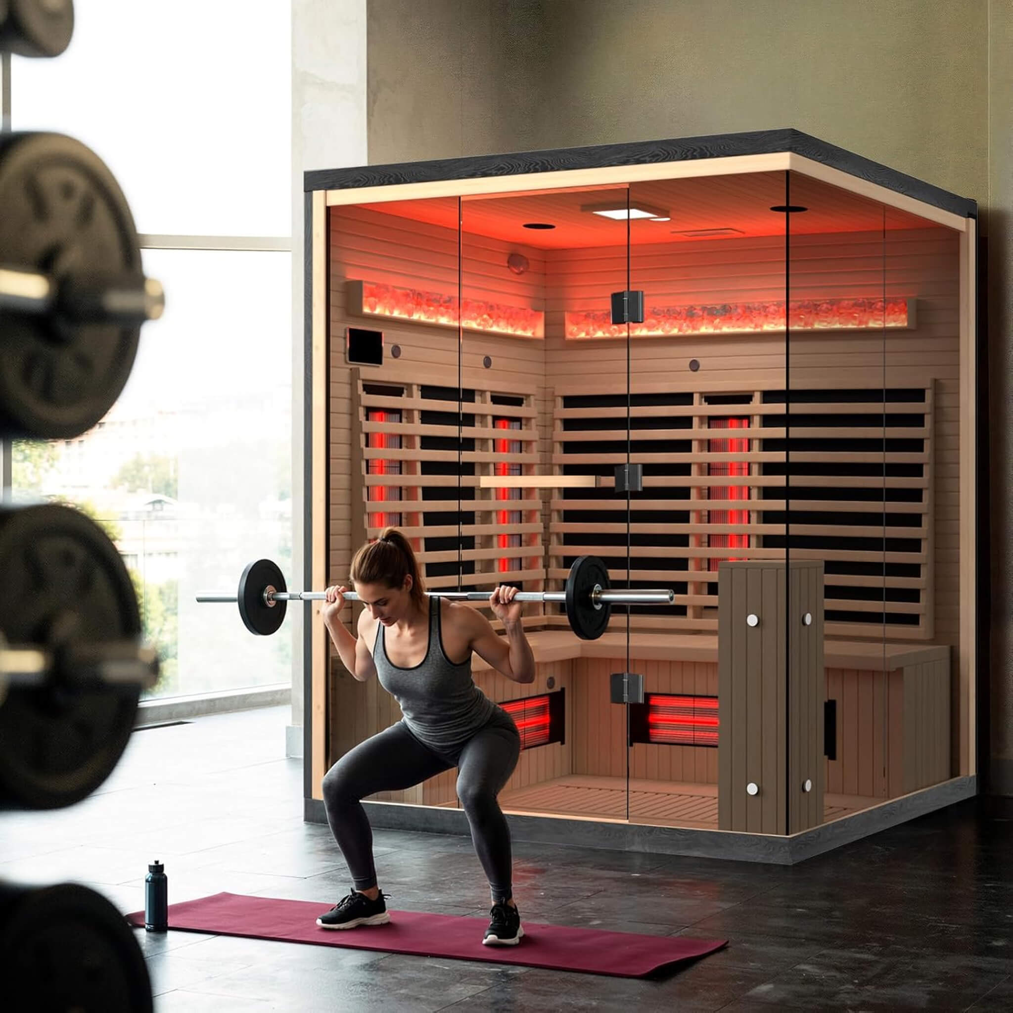 Woman performing strength training in a home gym beside the Rövia Ember 4-person full-spectrum infrared sauna.