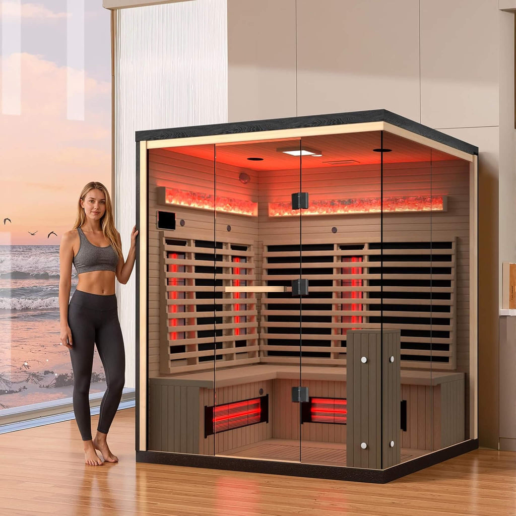 Woman standing beside the Rövia Ember 4-person full-spectrum infrared sauna in a modern home wellness space.