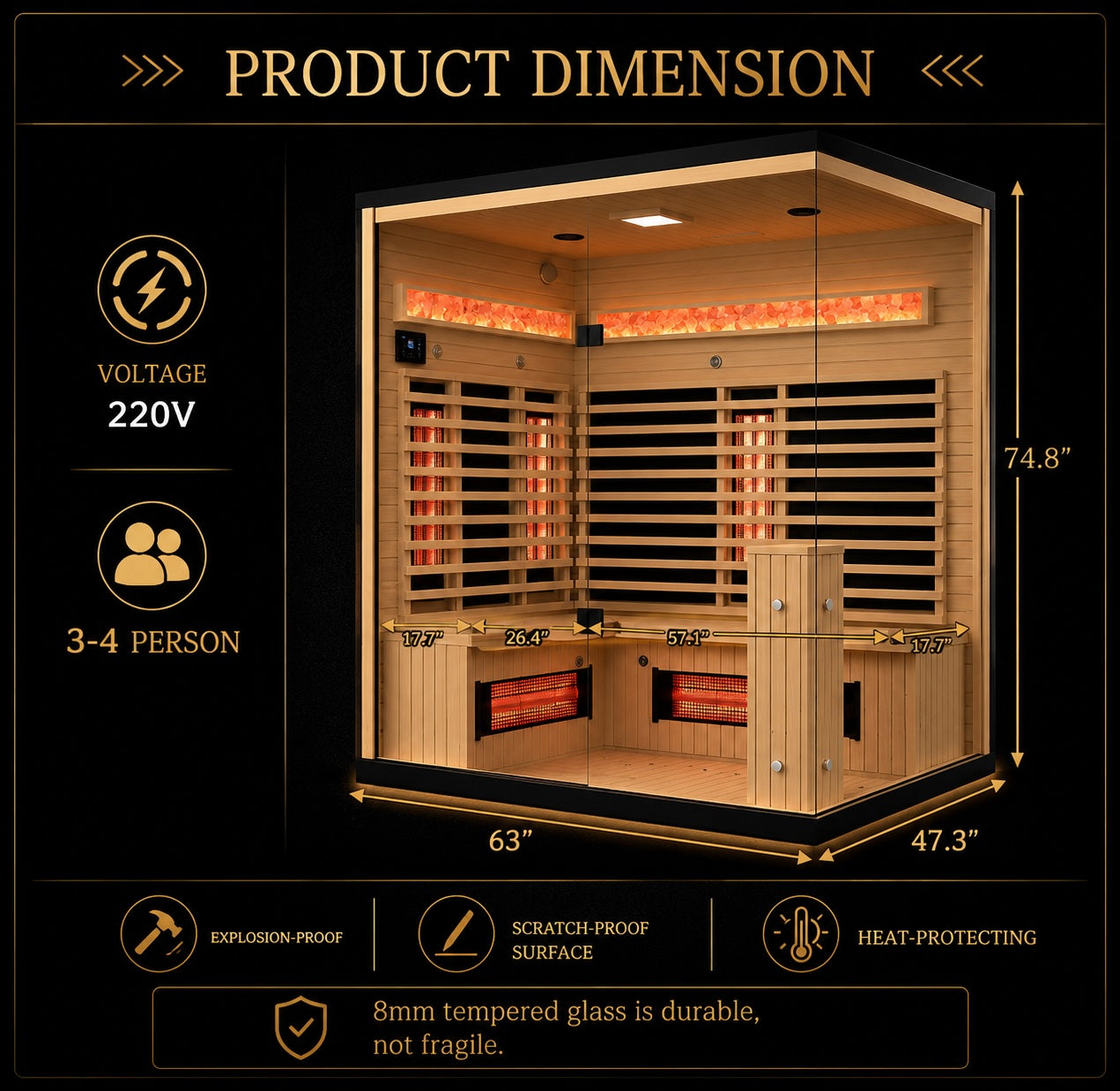 Rövia Ember 4-person full-spectrum infrared sauna dimensions showing seating layout, tempered glass construction, 220V power requirements, and exterior measurements.
