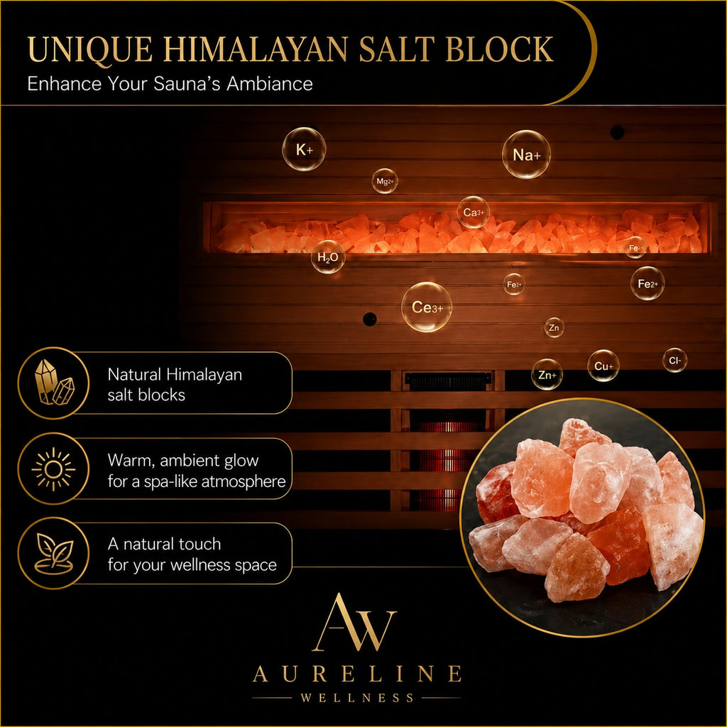 Rövia Ember infrared sauna featuring integrated Himalayan salt panels that create a warm amber glow and spa-like wellness atmosphere.